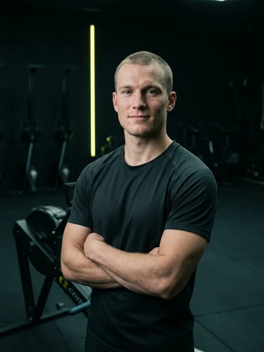 Portrait de Thomas Vasseur, coach de conditionnement, à côté d'un rameur.