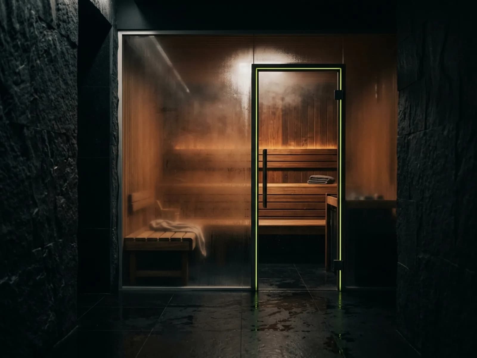 Sauna en bois de cèdre derrière une paroi de verre dépoli, vapeur fine et ambiance chaude et calme.