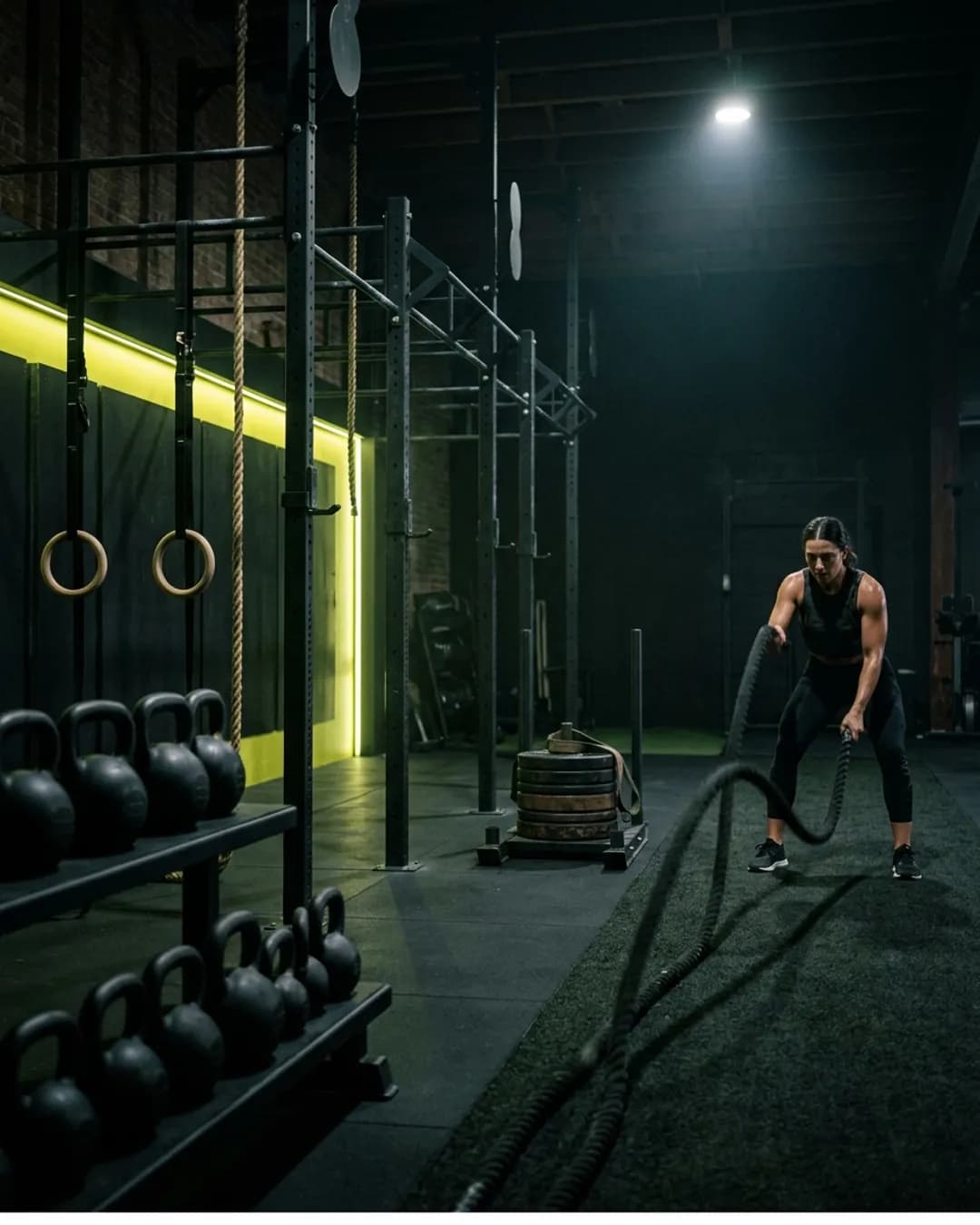 Espace functional avec rig, anneaux et kettlebells, un pratiquant tractant une corde ondulatoire dans la pénombre.