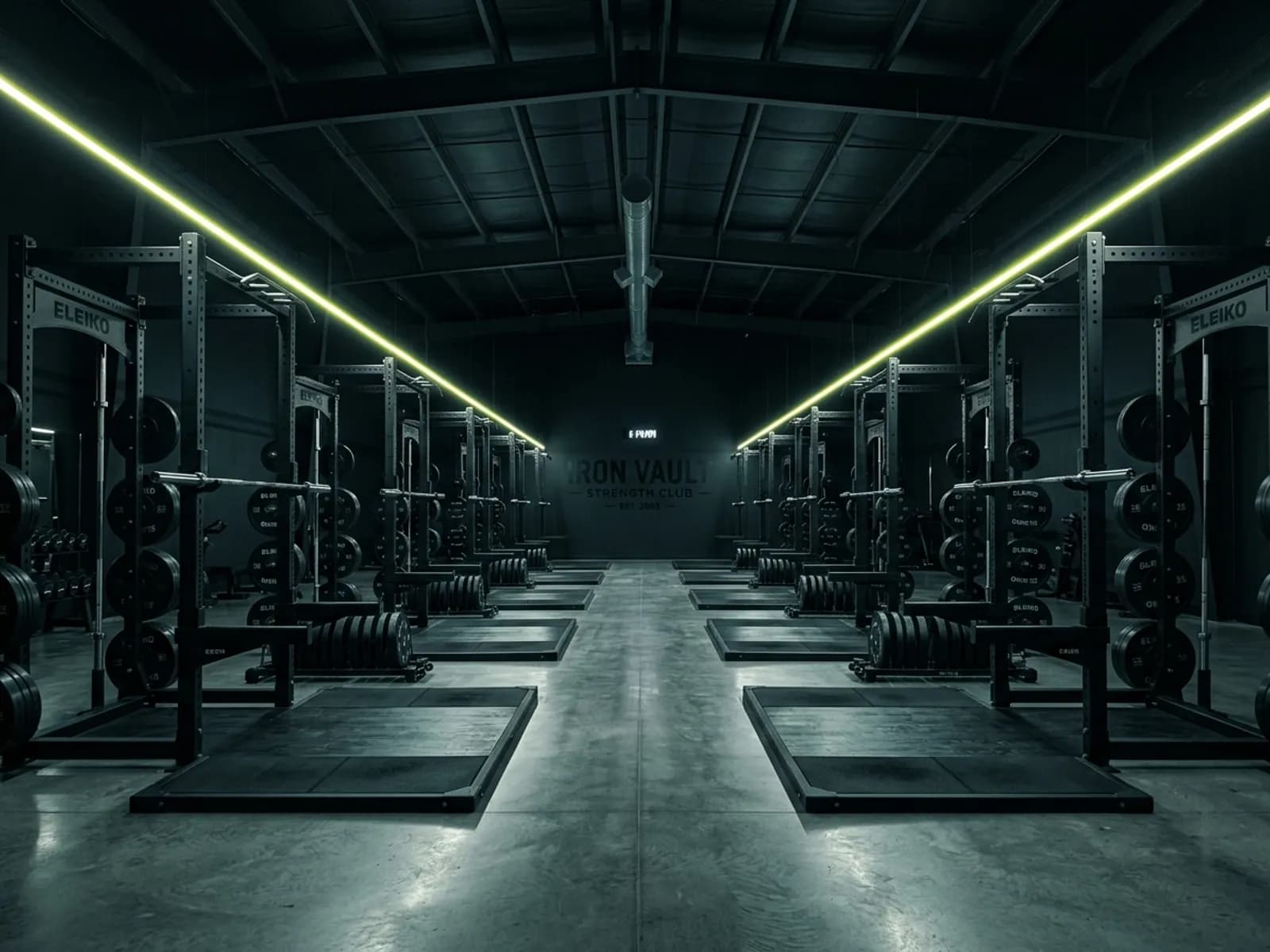 Plateau de musculation avec racks en acier noir et barres olympiques, en enfilade sous une lumière cinématographique sombre.