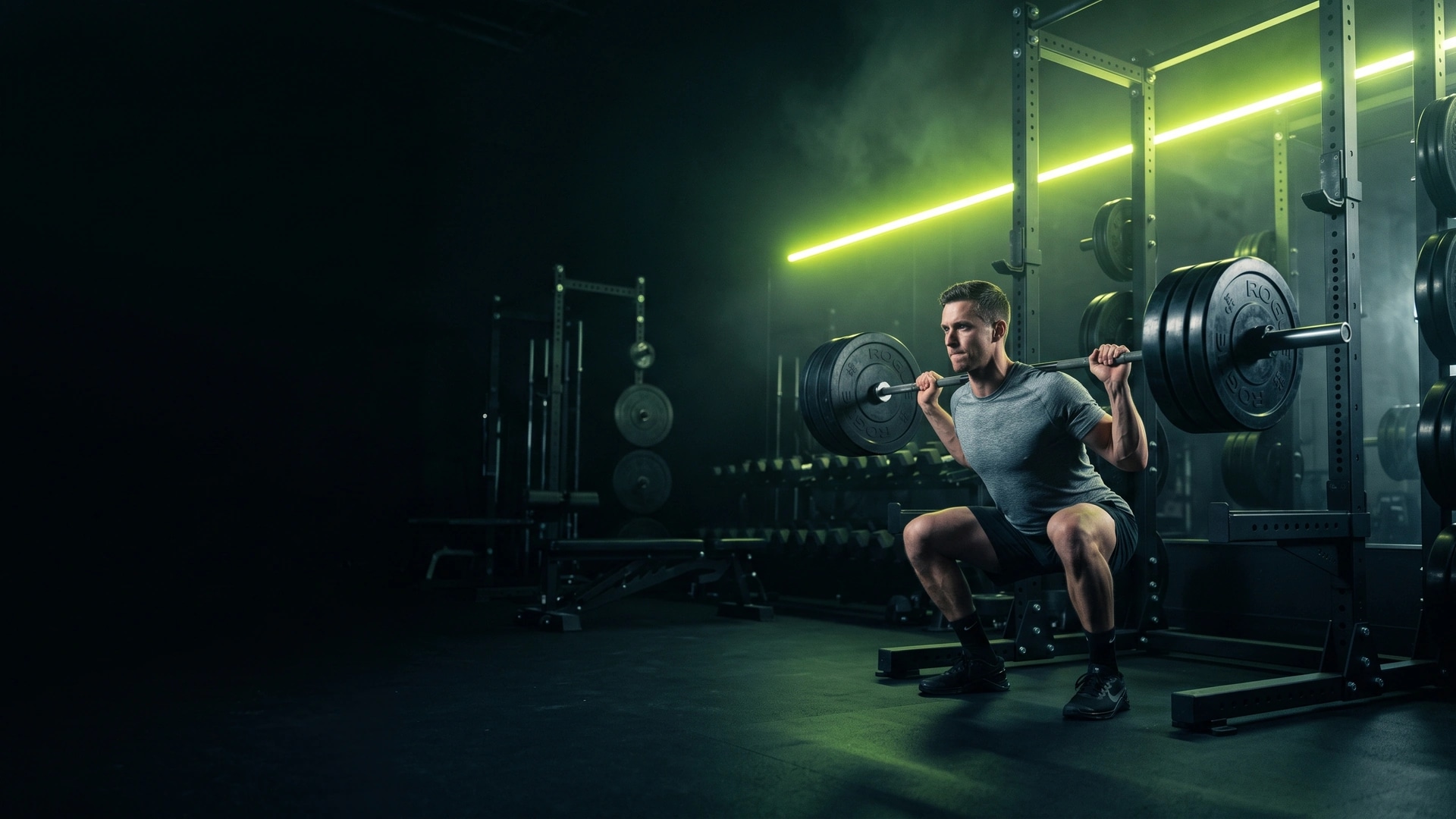 Athlète en plein squat sous une barre olympique chargée, dans la salle de sport et de musculation Cadence à Lyon Confluence, traversée par un trait de lumière vert acide.